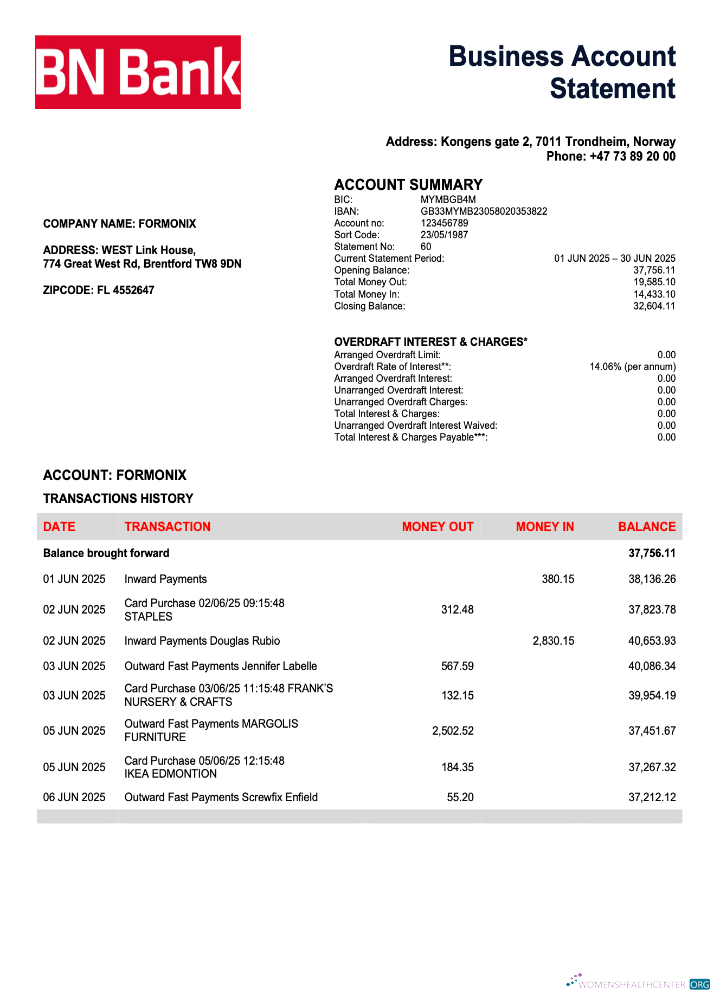 Download Norwegian BN Bank firm account statement Word and PDF template Photoshop template